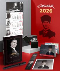 2026 Atatürk Gazi Paşa Ajanda - İmza Duvar Takvimi - Masa Takvimi - Ayraç - Kartpostal - Metal Roller Kalem ve Benzinli Çakmak