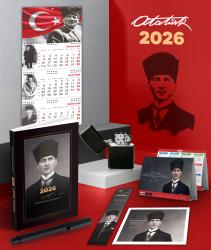 2026 Atatürk Kalpaklı Ajanda - Ayyıldız Duvar Takvimi - Masa Takvimi - Ayraç - Kartpostal - Metal Roller Kalem ve Benzinli Çakmak
