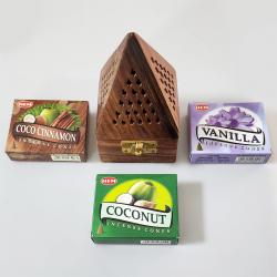 Ahşap Piramit Konik Tütsülük ve 30lu Hem Konik Tütsü - Coconut - Vanilla - Coco Cinnamon