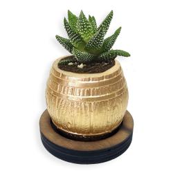 Ahşap Ayaklı, Fıçı Desenli Beton Saksı Altın HK1655