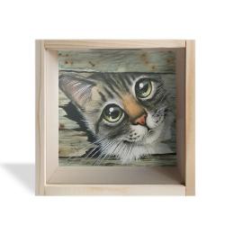 Camlı Ahşap Kumbara Kedicik Ham Ahşap HK0660-HM