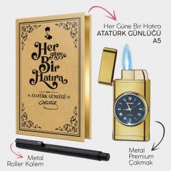 Atatürk Günlüğü A5 - Brushed Gold Saatli Çakmak - Metal Roller Kalem