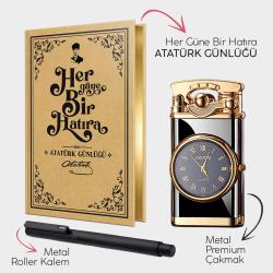Atatürk Günlüğü - Retro Piano Black Saatli Çakmak - Metal Roller Kalem