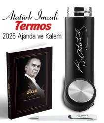 Atatürk İmza Baskılı Termos ve 2026 Atatürk Ajanda - Ayraç - Kartpostal - Kalem