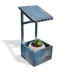 Çatılı Dekoratif Beton Saksı Standı, Mavi Eskitme Desenli HK1595-ME