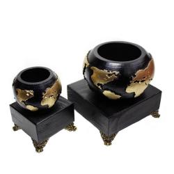Dünya Beton Saksı 2'li Set Siyah Altın, Metal Ayaklı Ahşap Stand HK1619-A