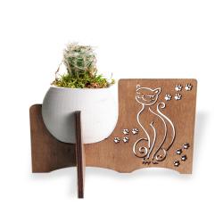 Kedi Figürlü Beton Saksılı Ahşap Stand HK1669
