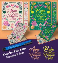 Kişiye Özel Anne ve Baba Bana Hikayeni Anlat Ayraç Kartpostal Kalem - Mavi Anı Defteri