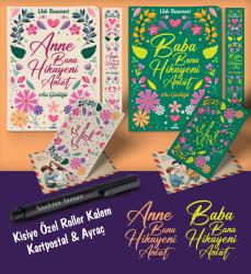 Kişiye Özel Anne ve Baba Bana Hikayeni Anlat Ayraç Kartpostal Kalem - Siyah Anı Defteri