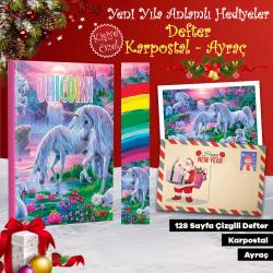 Kişiye Özel Kartpostallı Hediye Seti - 1 Unicorn 128 Sayfa Defter 1 Kartpostal 1 Ayraç