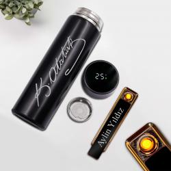 Kişiye Özel Şarjlı Sürgülü Çakmak Siyah Atatürk İmzalı Dereceli Termos