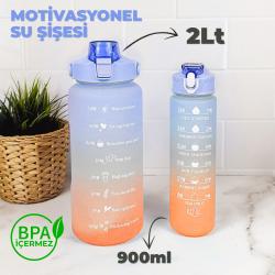 Motivasyonel 2 Litre Su Matarası (Yavrulu) - BPA Free - 2000ml + 900ml Mavi - Turuncu