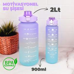Motivasyonel 2 Litre Su Matarası (Yavrulu) - BPA Free - 2000ml + 900ml Mor - Mavi