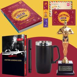 Öğretmenim ve Ben Aramızda - Oscar Heykeli - Kulplu Termos - Ciltli 2026 Atatürk Ajandası ve Roller Kalem