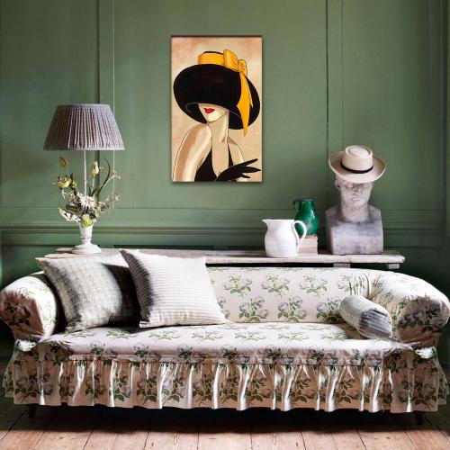 Vera Sarı Fiyonk Şapkalı Kadın Baskılı Retro Ahşap Tablo