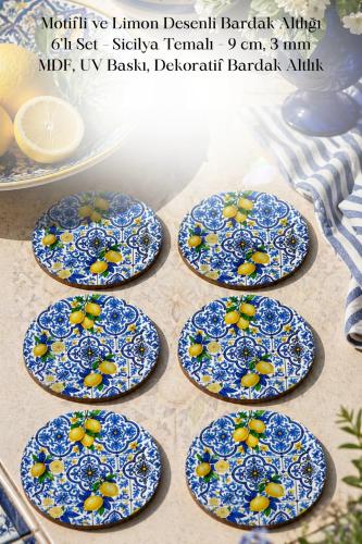 Motifli ve Limon Desenli Bardak Altlığı 6'lı Set – Sicilya Temalı - 9 