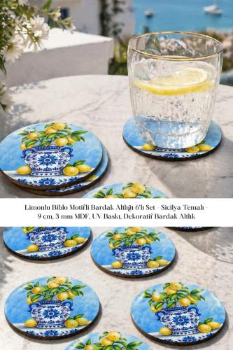 Limonlu Biblo Motifli Bardak Altlığı 6'lı Set – Sicilya Temalı - 9 cm, Limonlu Biblo Motifli Bardak Altlığı 6'lı Set – Sicilya Temalı - 9 cm,