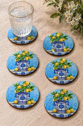 Limonlu Biblo Motifli Bardak Altlığı 6'lı Set – Sicilya Temalı - 9 cm, Limonlu Biblo Motifli Bardak Altlığı 6'lı Set – Sicilya Temalı - 9 cm,