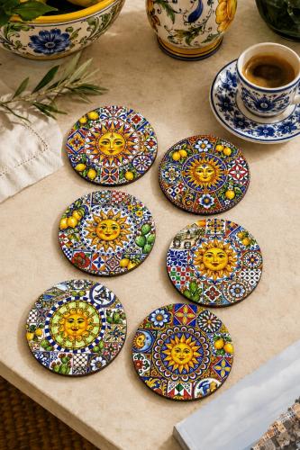 Sunshine Sicilya Temalı Bardak Altlığı 6'lı Set – Güneş Figürlü Limon 