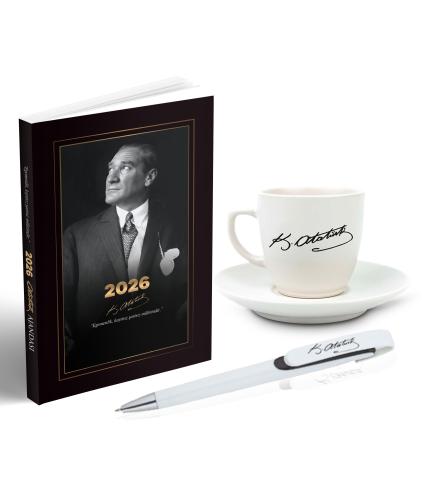 2026 Atatürk İstikbal Ajanda - Atatürk İmza Baskılı Kahve Fincanı - Ayraç - Kartpostal