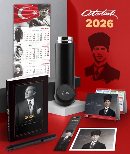 2026 Atatürk İstikbal Ajanda - Ayyıldız Duvar Takvimi - Masa Takvimi - Ayraç - Kartpostal - Metal Roller Kalem ve Dereceli Termos