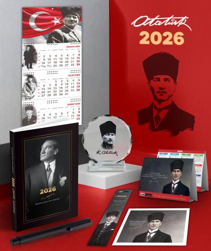 2026 Atatürk İstikbal Ajanda - Ayyıldız Duvar Takvimi - Masa Takvimi - Ayraç - Kartpostal - Metal Roller Kalem ve Kristal Portre