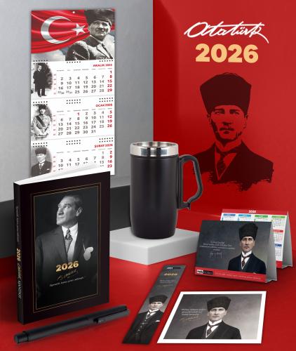 2026 Atatürk İstikbal Ajanda - Ayyıldız Duvar Takvimi - Masa Takvimi - Ayraç - Kartpostal - Metal Roller Kalem ve Kulplu Termos Bardak