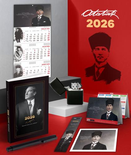 2026 Atatürk İstikbal Ajanda - Gazi Duvar Takvimi - Masa Takvimi - Ayraç - Kartpostal - Metal Roller Kalem ve Benzinli Çakmak