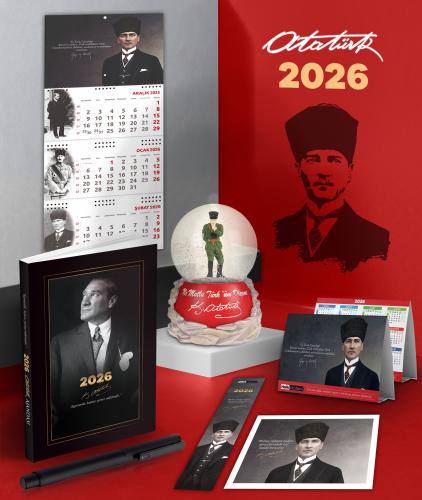 2026 Atatürk İstikbal Ajanda - Gazi Duvar Takvimi - Masa Takvimi - Ayraç - Kartpostal - Metal Roller Kalem ve İzmir Marşı Kar Küresi