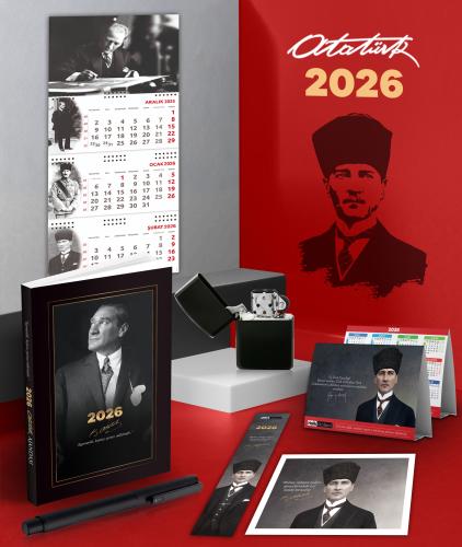 2026 Atatürk İstikbal Ajanda - İmza Duvar Takvimi - Masa Takvimi - Ayraç - Kartpostal - Metal Roller Kalem ve Benzinli Çakmak