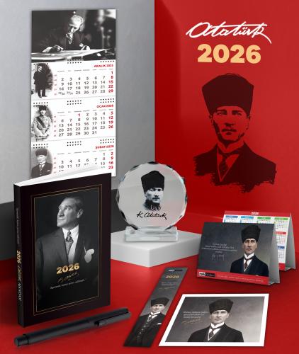 2026 Atatürk İstikbal Ajanda - İmza Duvar Takvimi - Masa Takvimi - Ayraç - Kartpostal - Metal Roller Kalem ve Kristal Portre