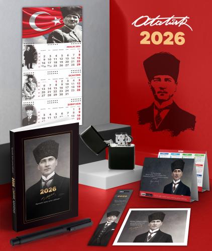2026 Atatürk Kalpaklı Ajanda - Ayyıldız Duvar Takvimi - Masa Takvimi - Ayraç - Kartpostal - Metal Roller Kalem ve Benzinli Çakmak