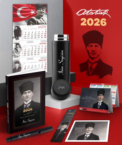 Kişiye Özel 2026 Atatürk Kalpaklı Ajanda - Ayyıldız Duvar Takvimi - Masa Takvimi - Ayraç - Kartpostal - Metal Roller Kalem ve Dereceli Termos