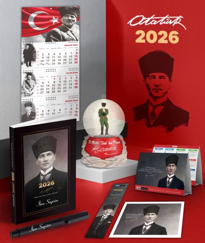 Kişiye Özel 2026 Atatürk Kalpaklı Ajanda - Ayyıldız Duvar Takvimi - Masa Takvimi - Ayraç - Kartpostal - Metal Roller Kalem ve İzmir Marşı Kar Küresi