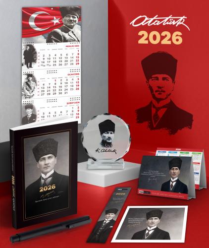 2026 Atatürk Kalpaklı Ajanda - Ayyıldız Duvar Takvimi - Masa Takvimi - Ayraç - Kartpostal - Metal Roller Kalem ve Kristal Portre