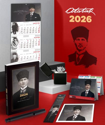 2026 Atatürk Kalpaklı Ajanda - Gazi Duvar Takvimi - Masa Takvimi - Ayraç - Kartpostal - Metal Roller Kalem ve Benzinli Çakmak