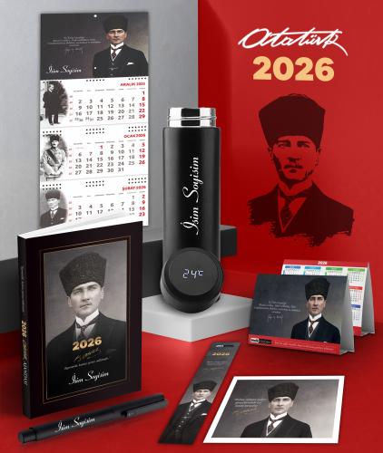 Kişiye Özel 2026 Atatürk Kalpaklı Ajanda - Gazi Duvar Takvimi - Masa Takvimi - Ayraç - Kartpostal - Metal Roller Kalem ve Dereceli Termos