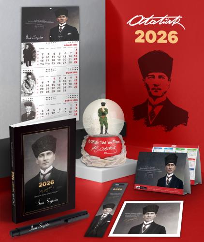 Kişiye Özel 2026 Atatürk Kalpaklı Ajanda - Gazi Duvar Takvimi - Masa Takvimi - Ayraç - Kartpostal - Metal Roller Kalem ve İzmir Marşı Kar Küresi