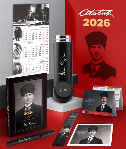 Kişiye Özel 2026 Atatürk Kalpaklı Ajanda - İmza Duvar Takvimi - Masa Takvimi - Ayraç - Kartpostal - Metal Roller Kalem ve Dereceli Termos