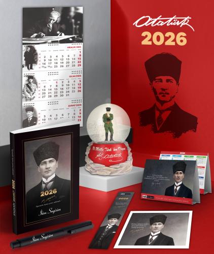 Kişiye Özel 2026 Atatürk Kalpaklı Ajanda - İmza Duvar Takvimi - Masa Takvimi - Ayraç - Kartpostal - Metal Roller Kalem ve İzmir Marşı Kar Küresi