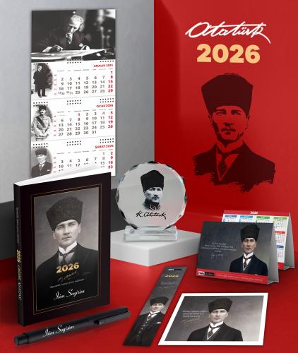 Kişiye Özel 2026 Atatürk Kalpaklı Ajanda - İmza Duvar Takvimi - Masa Takvimi - Ayraç - Kartpostal - Metal Roller Kalem ve Kristal Portre