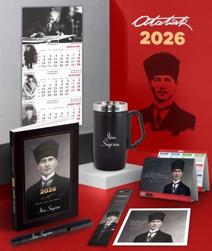 Kişiye Özel 2026 Atatürk Kalpaklı Ajanda - İmza Duvar Takvimi - Masa Takvimi - Ayraç - Kartpostal - Metal Roller Kalem ve Kulplu Termos Bardak