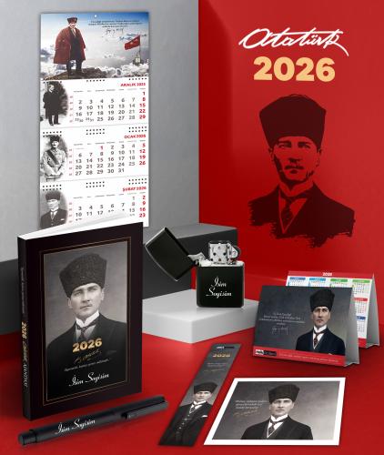 Kişiye Özel 2026 Atatürk Kalpaklı Ajanda - Sakarya Duvar Takvimi - Masa Takvimi - Ayraç - Kartpostal - Metal Roller Kalem ve Benzinli Çakmak
