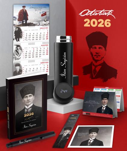 Kişiye Özel 2026 Atatürk Kalpaklı Ajanda - Sakarya Duvar Takvimi - Masa Takvimi - Ayraç - Kartpostal - Metal Roller Kalem ve Dereceli Termos
