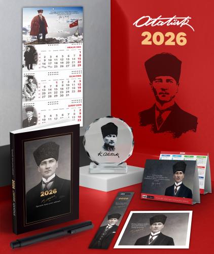 2026 Atatürk Kalpaklı Ajanda - Sakarya Duvar Takvimi - Masa Takvimi - Ayraç - Kartpostal - Metal Roller Kalem ve Kristal Portre