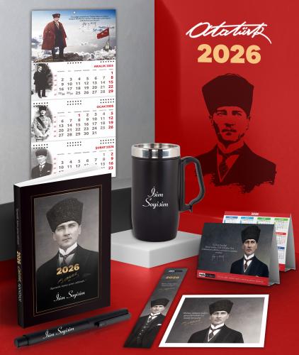 Kişiye Özel 2026 Atatürk Kalpaklı Ajanda - Sakarya Duvar Takvimi - Masa Takvimi - Ayraç - Kartpostal - Metal Roller Kalem ve Kulplu Termos Bardak