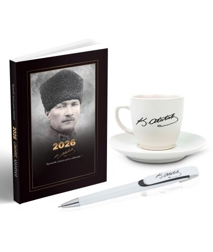 2026 Atatürk Komutan Ajanda - Atatürk İmza Baskılı Kahve Fincanı - Ayr