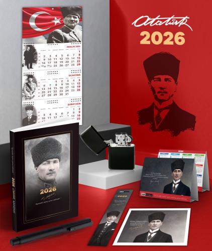 2026 Atatürk Komutan Ajanda - Ayyıldız Duvar Takvimi - Masa Takvimi - Ayraç - Kartpostal - Metal Roller Kalem ve Benzinli Çakmak