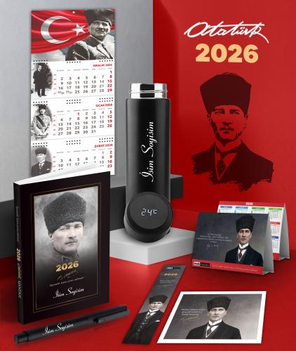 Kişiye Özel 2026 Atatürk Komutan Ajanda - Ayyıldız Duvar Takvimi - Masa Takvimi - Ayraç - Kartpostal - Metal Roller Kalem ve Dereceli Termos