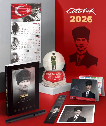 2026 Atatürk Komutan Ajanda - Ayyıldız Duvar Takvimi - Masa Takvimi - Ayraç - Kartpostal - Metal Roller Kalem ve İzmir Marşı Kar Küresi